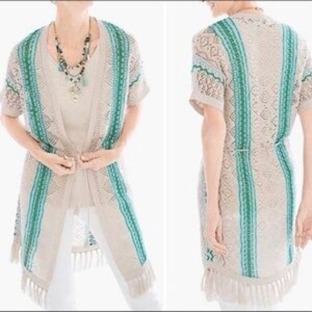 Chico's Size 3 Petite (16P) Boho Crochet Knit Fringed Duster western boho